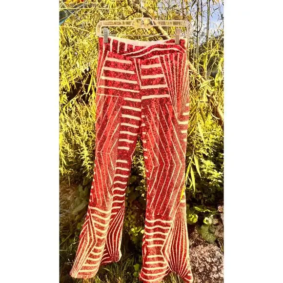 Red & Orange screaming stretch sequin flared stretch pants (125) - Picture 8 of 11
